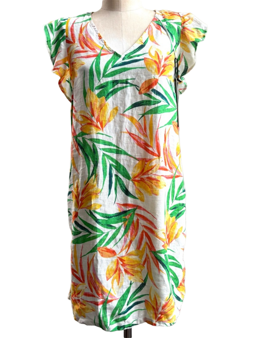 NWT Nicole Miller 100% linen Floral & leaf botanical print summer sun Dress xs